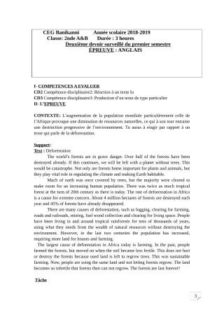 Première page de Anglais 2nde A2, 2nde B — 2e devoir surveillé, 1er semestre (2018-2019) · CEG Banikanni