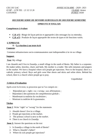 Première page de Anglais 6e — 2e devoir surveillé, 2e semestre (2020-2021) · CEG du Lac