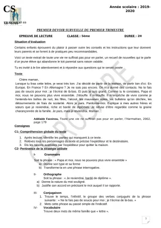 Première page de Français 5e — 1er devoir surveillé, 1er trimestre (2019-2020) · CPEG ROSAIRE