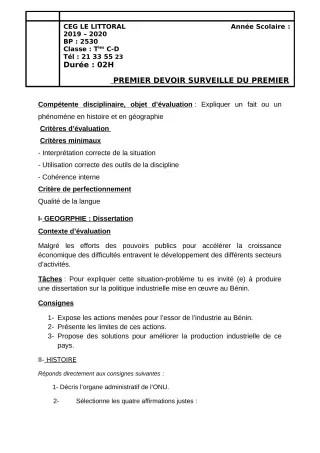 Première page de Histoire-Géographie Tle A2, Tle B, Tle C, Tle D — 1er devoir surveillé (2019-2020) · CEG Le Littoral