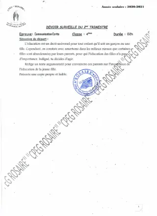 Première page de Français 4e — 1er devoir surveillé, 2e trimestre (2020-2021) · CPEG ROSAIRE