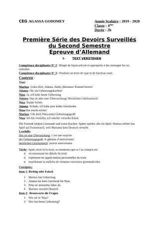 Première page de Allemand 4e ML, 3e ML, 2nde A & B, 1ère A, 1ère B, Tle A1, Tle A2, Tle B — 1er devoir surveillé, 2e semestre (2019-2020) · CEG Agassa Godomey