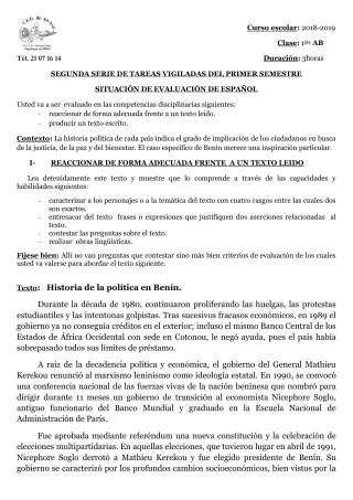 Première page de Espagnol 1ère A1, 1ère A2, 1ère B — 2018-2019 · CEG Sô-Ava
