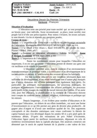 Première page de Histoire-Géographie Tle A2, Tle B — 2e devoir surveillé, 1er trimestre (2019-2020) · CPEG GOD'S TIME