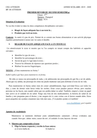 Première page de Espagnol 4e ML — 1er devoir surveillé, 2e semestre (2019-2020) · CEG Attogon