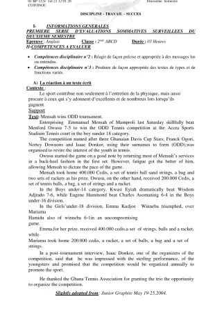 Première page de Anglais 2nde A1, 2nde B, 2nde C, 2nde D — Évaluation sommative, 2e semestre (2020-2021) · CEG Dantokpa