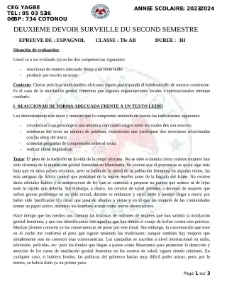 Première page de Espagnol Tle A2 — 2e devoir surveillé, 2e semestre (2023-2024) · CEG Yagbe
