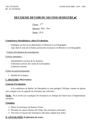 Première page de Histoire-Géographie 3e, 3e ML — 2e devoir surveillé, 2e semestre (2019-2020) · CEG Attogon