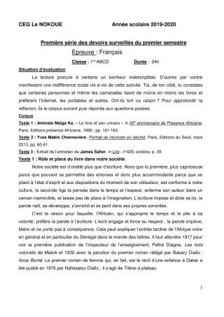 Première page de Français 1ère D — 1er devoir surveillé, 1er semestre (2019-2020) · CEG LE NOKOUE