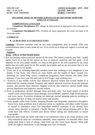 Première page de Anglais 1ère A2 — 2e devoir surveillé, 2e semestre (2019-2020) · CEG du Lac