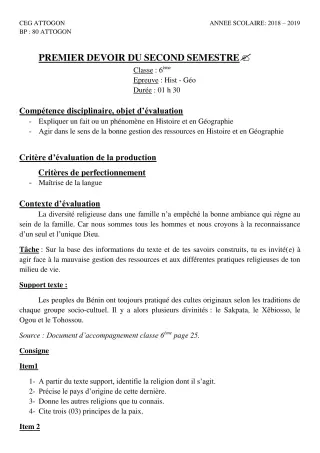Première page de Histoire-Géographie 6e — 1er devoir surveillé, 2e semestre (2018-2019) · CEG Attogon
