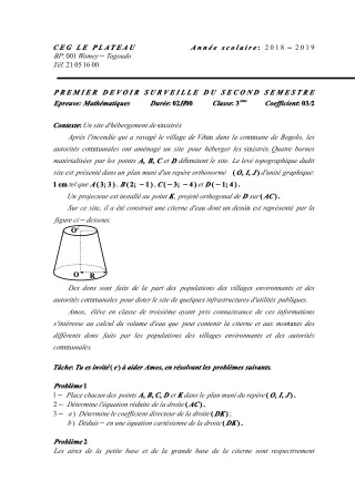 Première page de Mathématiques 3e ML — 1er devoir surveillé, 2e semestre (2018-2019) · CEG Le Plateau