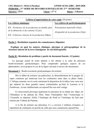 Première page de SVT 1ère C — 1er devoir surveillé, 2e semestre (2019-2020) · CEG Hubert C. MAGA