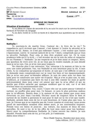 Première page de Français 2nde A2, 2nde B, 2nde C, 2nde D — Devoir surveillé, 1er trimestre (2020-2021) · CPEG LICA