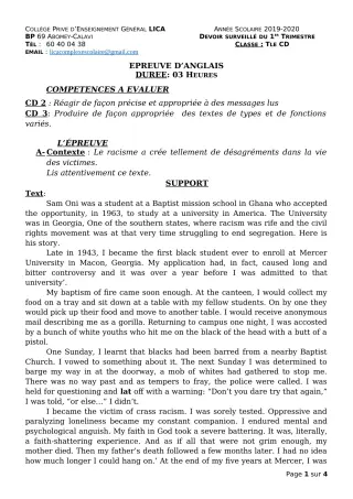 Première page de Anglais Tle C, Tle D — Devoir surveillé, 1er trimestre (2019-2020) · CPEG LICA