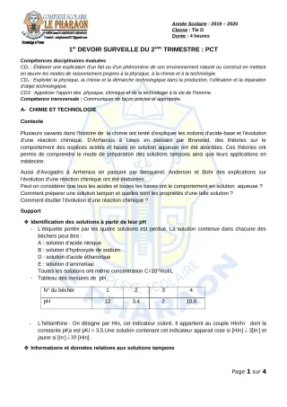 Première page de PCT Tle D — 1er devoir surveillé, 2e trimestre (2019-2020) · CPEG LE PHARAON