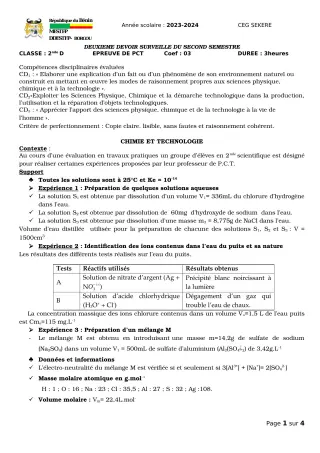 Première page de PCT 2nde D — 2e devoir surveillé, 2e semestre (2023-2024) · CEG SEKERE