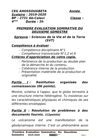 Première page de SVT 4e, 4e ML — 1re évaluation sommative, 2e semestre (2019-2020) · CEG Ahossougbéta