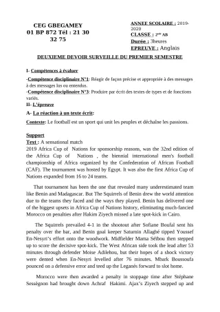 Première page de Anglais 2nde A & B, 2nde C, 2nde D — 2e devoir surveillé, 1er semestre (2019-2020) · CEG GBEGAMEY