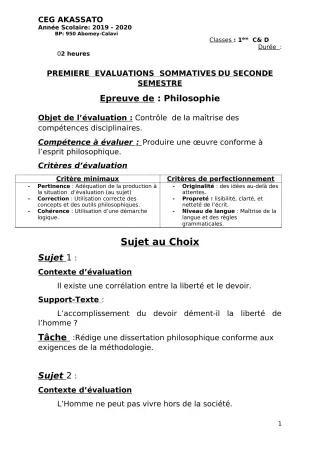 Première page de Philosophie 1ère C, 1ère D — 1re évaluation sommative, 2e semestre (2019-2020) · CEG Akassato