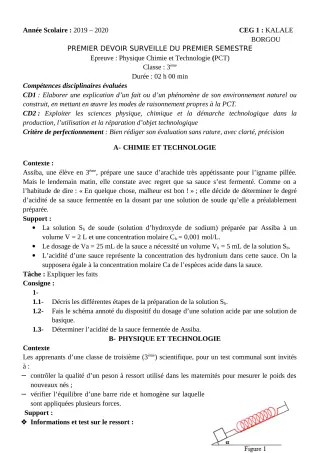 Première page de PCT 3e, 1ère D, Tle D — 1er devoir surveillé, 1er semestre (2019-2020) · CEG1 Kalalé
