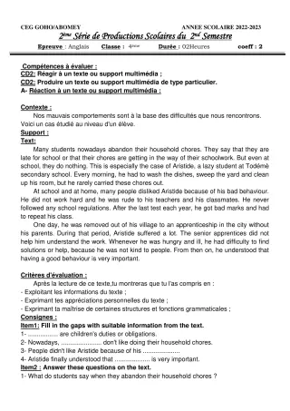 Première page de Anglais 4e — 2e production scolaire, 2e semestre (2022-2023) · CEG GOHO