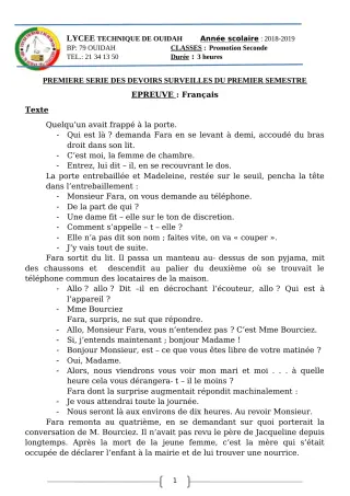 Première page de Français 2nde BTP, 2nde DPB, 2nde EL, 2nde F1, 2nde F2, 2nde F3, 2nde F4, 2nde G1, 2nde G2, 2nde G3, 2nde OG — 1er devoir surveillé, 1er semestre (2018-2019) · LT Ouidah