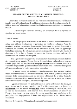 Première page de Français 4e — 1er devoir surveillé, 1er semestre (2020-2021) · CEG du Lac