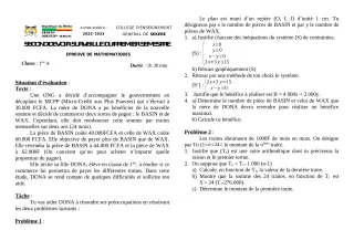 Première page de Devoir surveillé de MATHS GENE — 1ère A2 — CEG SEKERE (2022)