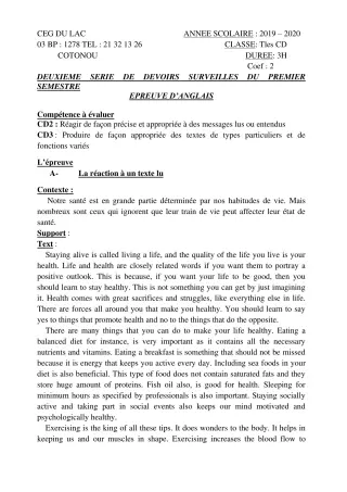 Première page de Anglais Tle C, Tle D — 2e devoir surveillé, 2e semestre (2019-2020) · CEG du Lac