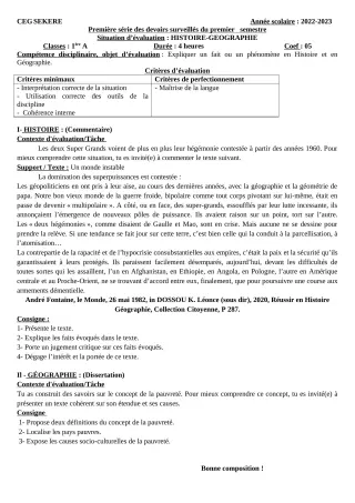 Première page de Histoire-Géographie 1ère A2 — 1er devoir surveillé, 1er semestre (2022-2023) · CEG SEKERE