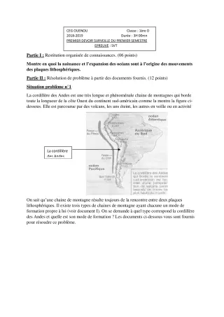 Première page de SVT 1ère D — 1er devoir surveillé, 1er semestre (2018-2019) · ceg ouenou