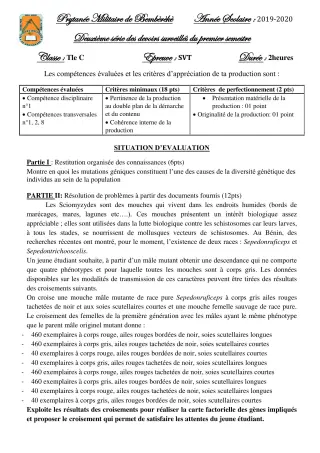 Première page de SVT Tle C — 2e devoir surveillé, 1er semestre (2019-2020) · PMB