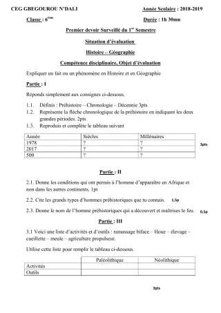 Première page de Histoire-Géographie 6e, 5e, 4e, 4e ML, 3e, 3e ML — 1er devoir surveillé, 1er semestre (2018-2019) · CEG Gbegourou
