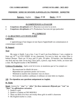 Première page de Anglais 6e — 1er devoir surveillé, 1er semestre (2022-2023) · CEG GOHO