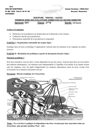 Première page de SVT 2nde D — 1re évaluation sommative, 2e semestre (2020-2021) · CEG Dantokpa