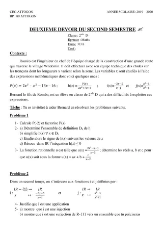Première page de Mathématiques 2nde D — 2e devoir surveillé, 2e semestre (2019-2020) · CEG Attogon