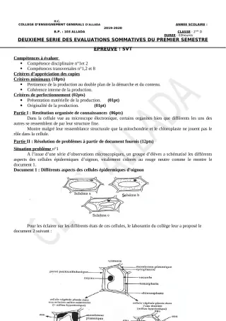 Première page de SVT 2nde D, 1ère C — 2e évaluation sommative, 1er semestre (2019-2020) · CEG1 Allada
