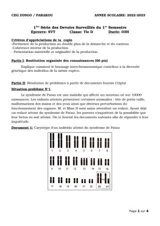 Première page de SVT Tle D — 1er devoir surveillé, 1er semestre (2022-2023) · CEG ZONGO