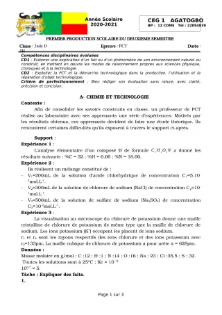 Première page de PCT 2nde D — 1re production scolaire, 2e semestre (2020-2021) · CEG 1 Agatogbo