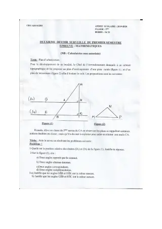 Première page de Mathématiques 5e — 2e devoir surveillé, 1er semestre (2019-2020) · CEG ADJAGBO