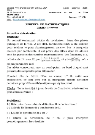 Première page de Mathématiques 1ère C, 1ère D — Composition, 1er trimestre (2019-2020) · CPEG LICA