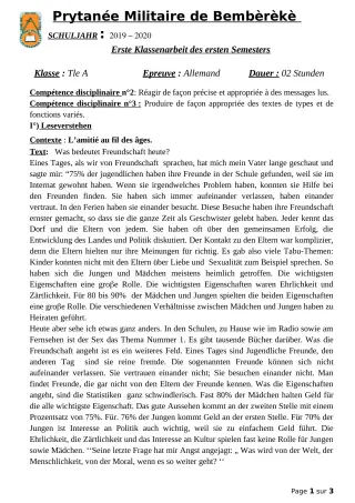 Première page de Devoir surveillé de ALLEMAND — Tle A1, Tle A2 — PMB (2019)