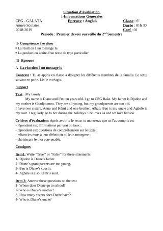 Première page de Anglais 6e, 5e, 4e, 4e ML, 3e, 3e ML — 1er devoir surveillé, 2e semestre (2018-2019) · CEG Galata