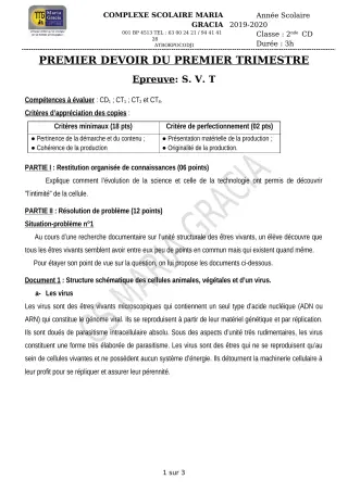 Première page de SVT 2nde C, 2nde D — 1er devoir surveillé, 1er trimestre (2019-2020) · CPEG MARIA GRACIA