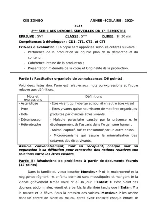 Première page de SVT 5e — 2e devoir surveillé, 1er semestre (2020-2021) · CEG ZONGO