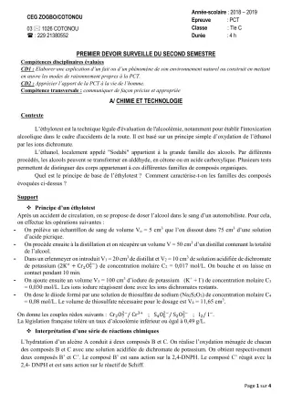 Première page de PCT Tle C — 1er devoir surveillé, 2e semestre (2018-2019) · CEG ZOGBO