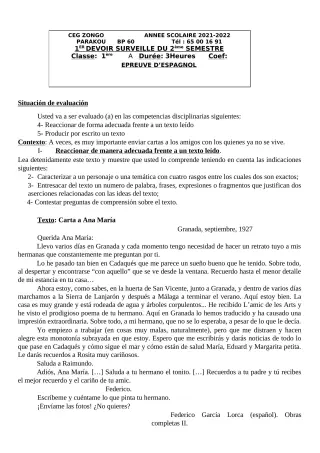 Première page de Espagnol 1ère A1, 1ère A2 — 1er devoir surveillé, 2e semestre (2021-2022) · CEG ZONGO