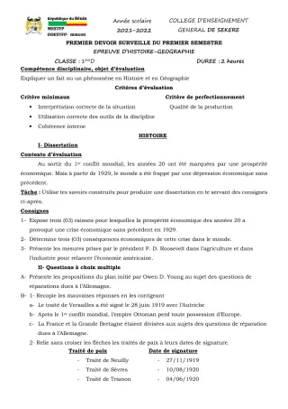 Première page de Histoire-Géographie 1ère D — 1er devoir surveillé, 1er semestre (2021-2022) · CEG SEKERE