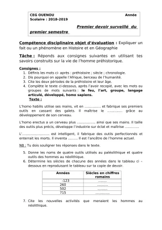 Première page de Histoire-Géographie 6e — 1er devoir surveillé, 1er semestre (2018-2019) · ceg ouenou